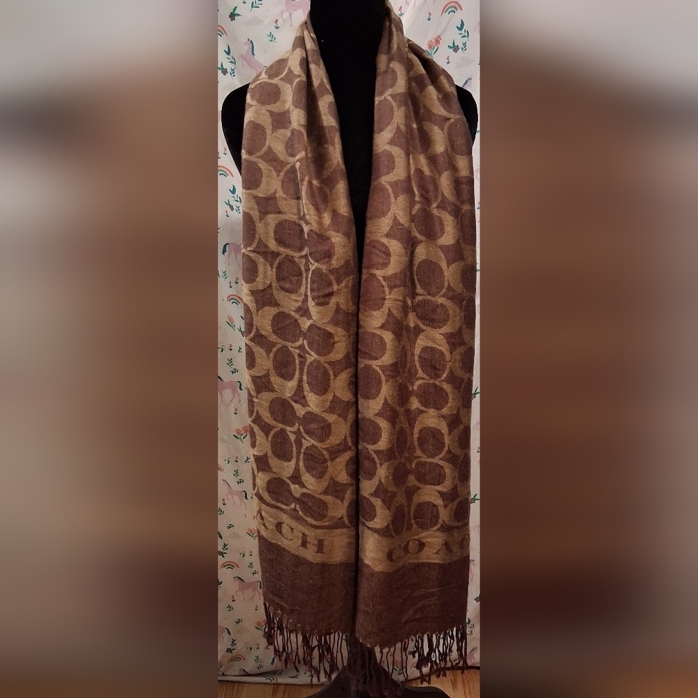 EUC Vintage Y2K Coach Brown & Tan Signature Reversible Merino Wool Scarf Wrap - Picture 3 of 10